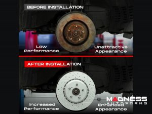 Alfa Romeo Giulia Brake Kit - 2.0L - Front - R1 Concepts - Optimum OEp Brake Pads - GEO-Carbon Drilled + Slotted Rotors